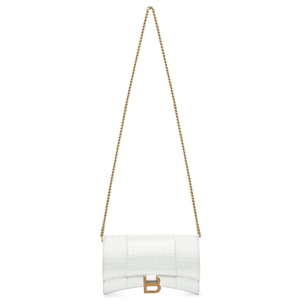 Balenciaga - HOURGLASS WALLET WITH CHAIN CROCODILE EMBOSSED IN WHITE